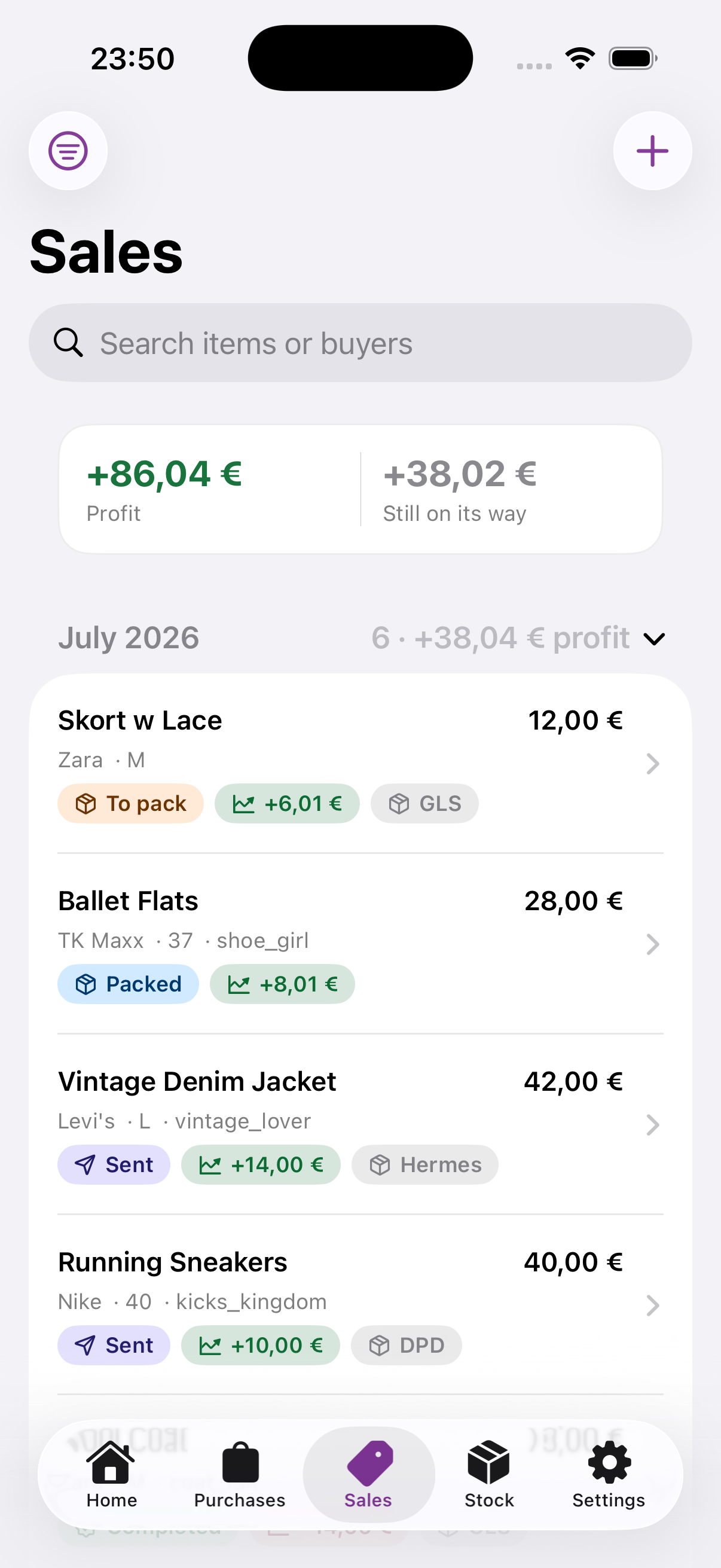 Sales Secretary sales list showing item prices, profit, and packing and shipping status.