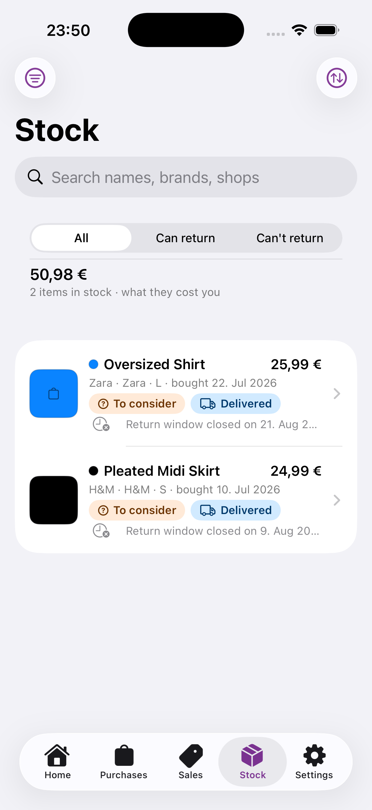Stock screen with clothing names, costs, colours and return information.